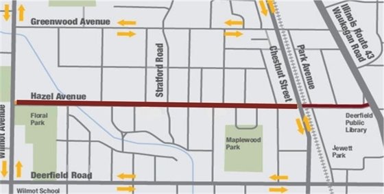 Map showing the project limits on Hazel Avenue from Wilmot to Waukegan roads with detours on Greenwood and Deerfield roads. 