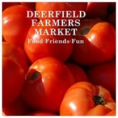 Photo of red tomatoes with "Deerfield Farmers Market - Food, Friends Fun" overlaid in white text