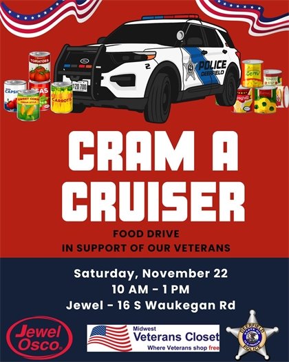 A flyer for Cram a Cruiser with a cutout of a squad car surrounded by canned goods