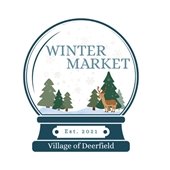 Winter Market logo with a deer and pine trees in a snow globe.