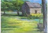 Painting of the Ott Cabin at the historic Village with a garden in the front with trees and a pail and shovel