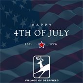 Photo of a flag with the words "Happy 4th of July" and the Village logo over it.