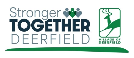 Logo for Stronger Together Deerfield in green and black with three interlocking hearts and the Village logo with an outline of a deer jumping