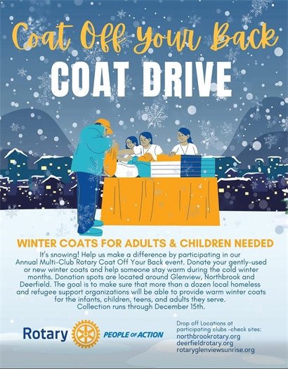 Winter coat drive poster noting that new and gently used coats can be dropped off at the Winter Celebration and Winter Market