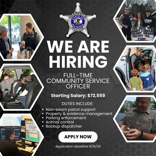 Poster with photos of Community Service Officers with the words "We're Hiring"