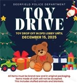 Poster for a toy drive with a photo of a teddy bear and instructions that toys should be new and unwrapped