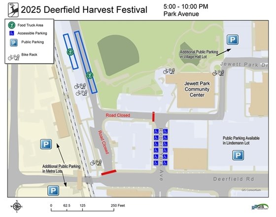 Map of Harvest Fest on Park Avenue showing available parking at the Metra lots and Village lots