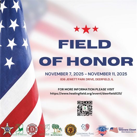 American flag with partner logos with word "Field of Honor - Nov. 7-11"