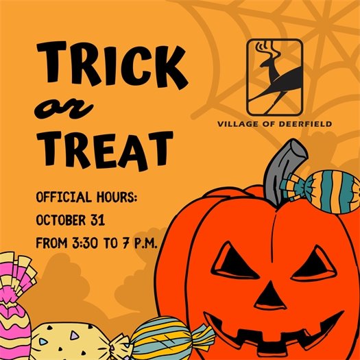 Graphic of a jack-o-lantern and candy with the words "Trick-or-Treat Official House 3:30-7 p.m."
