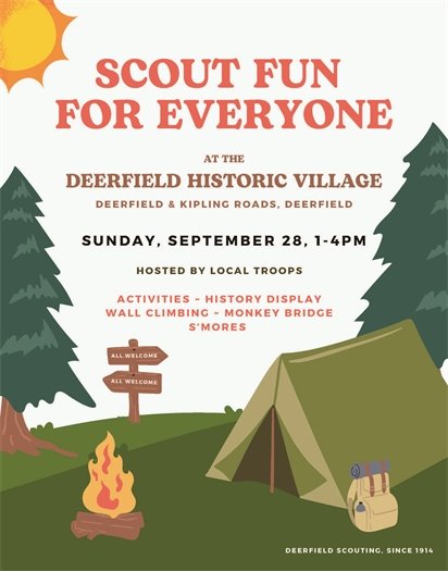 Scout Fun for Everyone with a cartoon campsite with trees, a camp fire and tent