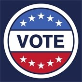 The word VOTE inside a circle with white stars on red and blue backgrounds