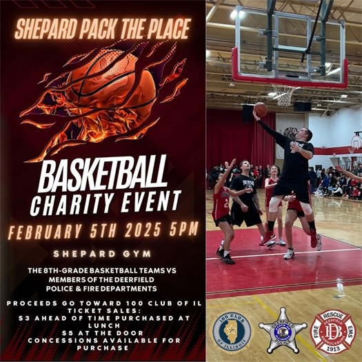 Shepard Pack the Place Basketball Charity Event with a photo of people playing basketball