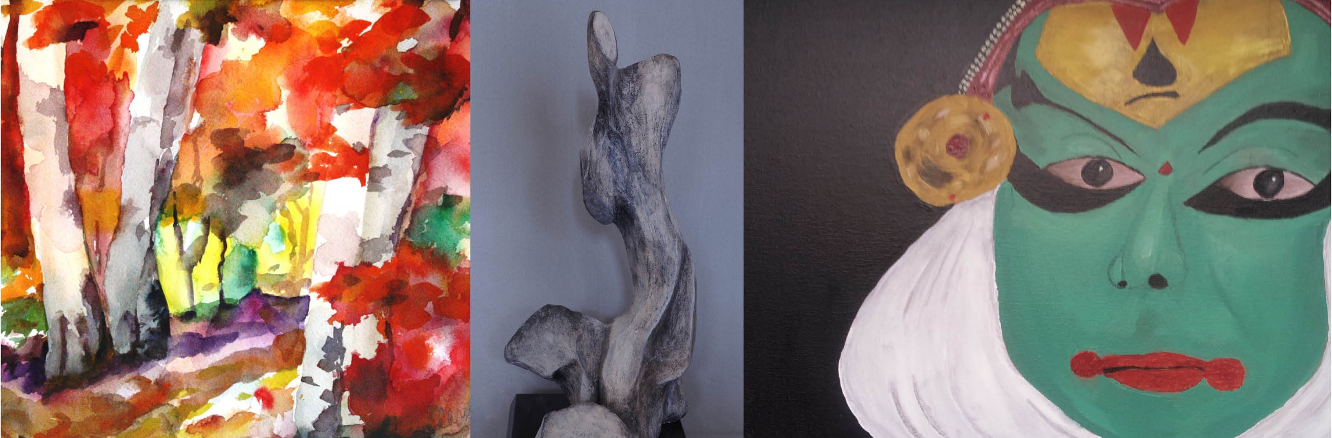 Collage of three paintings, including a green face